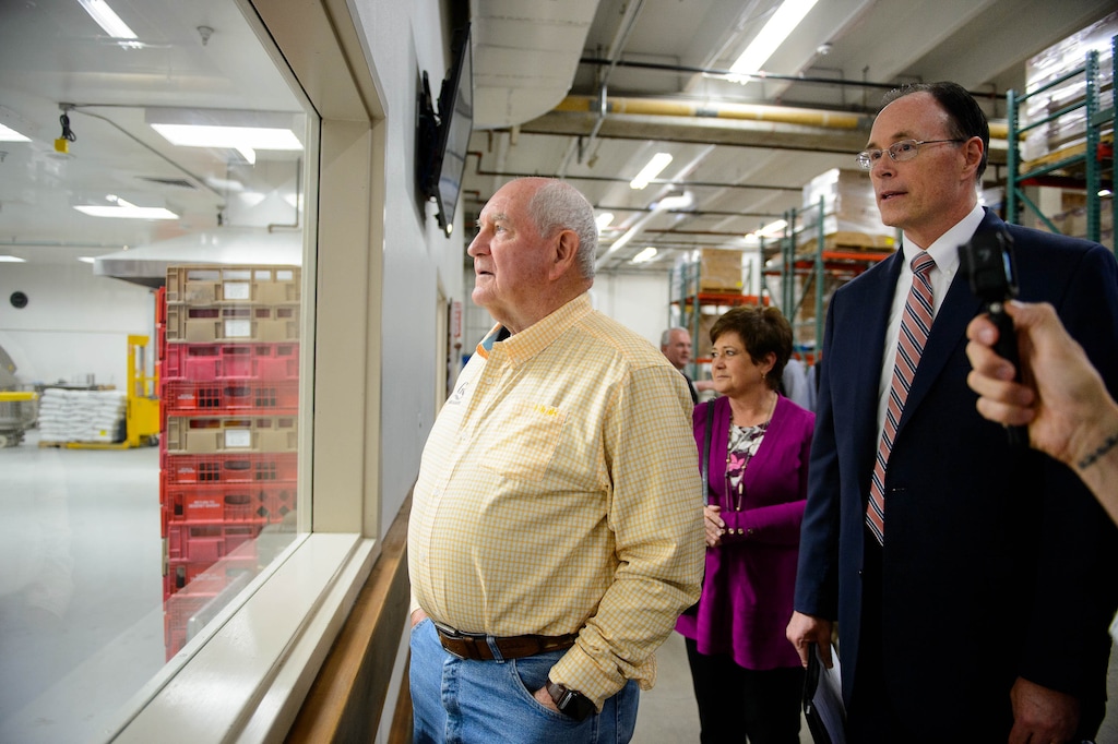 (Trent Nelson  |  The Salt Lake Tribune)  Agriculture Secretary Sonny Perdue on a tour of Welfare Square in Salt Lake City on Wednesday May 22, 2019. From left, Perdue, Jeanette Herbert, and Bishop W. Christopher Waddell.