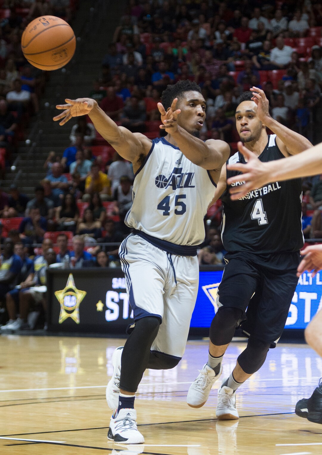 Rick Egan  |  The Salt Lake TribuneUtah Jazz guard Donovan Mitchell (45) makes a pass in Utah Jazz summer league action, Utah Jazz and the San Antonio Spurs at the Jon M. Huntsman Center, Monday, July 3, 2017.