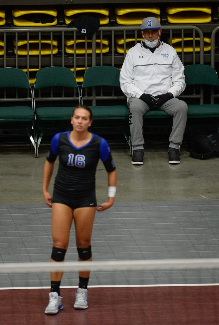 (Francisco Kjolseth  |  The Salt Lake Tribune)  Wayne Tarawhiti supports her daughter Kazna as she plays her quarterfinal match up against Syracuse at the UCCU Center at Utah Valley University on Thursday, Nov. 2, 2017, defeating them in three straight sets. Wayne is battling a form of blood cancer and keeps covered up due to a compromised immune system. 
