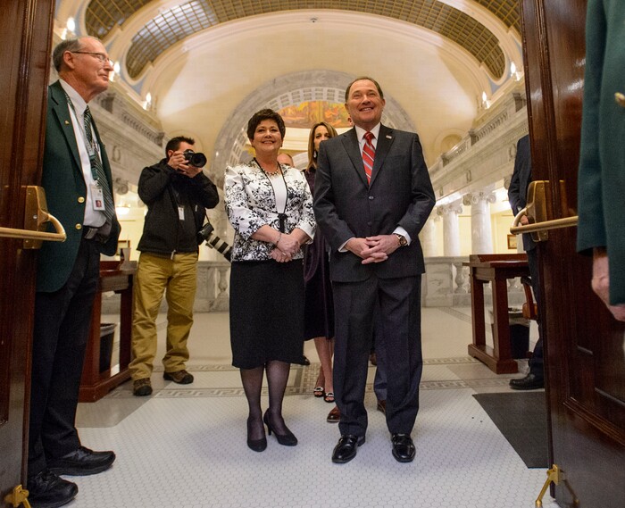 (Steve Griffin  |  The Salt Lake Tribune) Gov. Gary Herbert and First Lady Jeanette Herbert along with Utah Lt. Governor Spencer J. Cox and his wife Abby, arrive at the Utah House of Representatives prior to the governor's State of the State address in Salt Lake City Wednesday January 24, 2018.