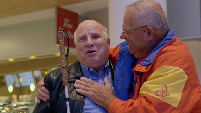 (Courtesy Music Box Films) Shep Shell, a blind man living in Winnpeg, is reunited with his long lost brother, Israeli Izak Szewelewicz, in a scene from the documentary "Aida's Secrets."