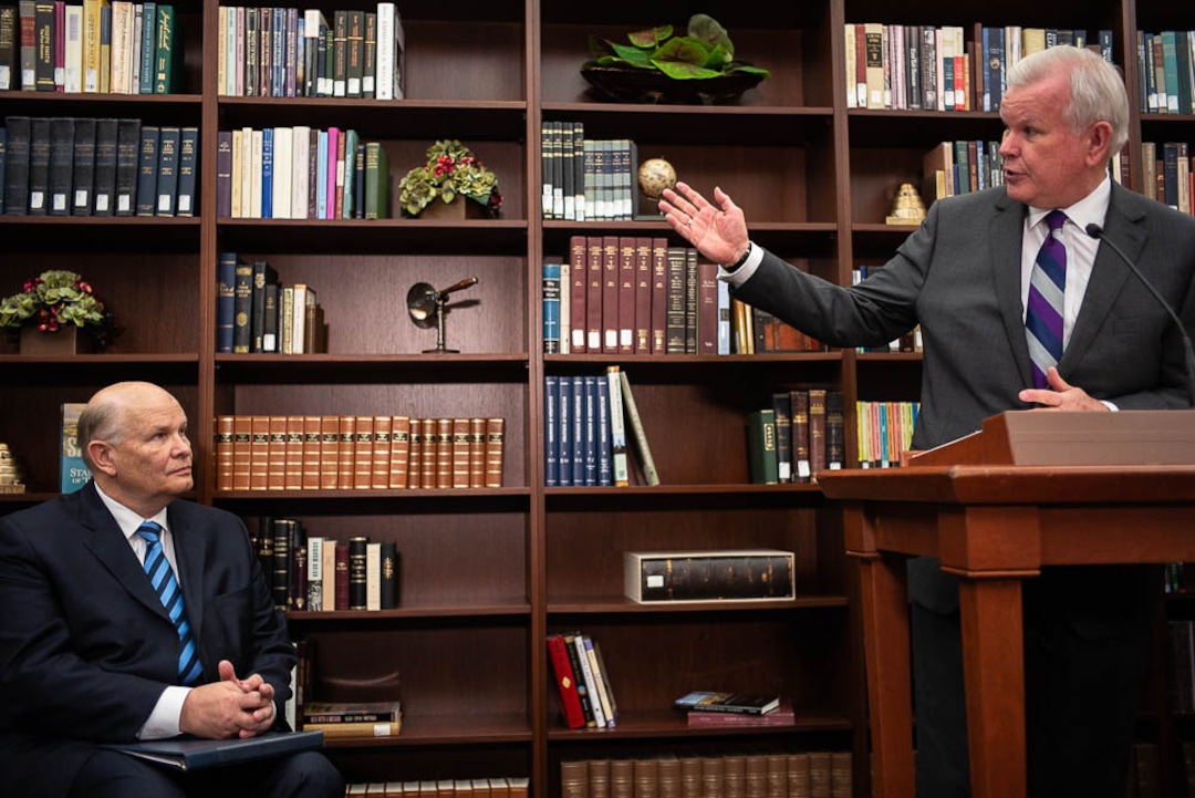 (Trent Nelson | The Salt Lake Tribune)  Church Historian and Recorder Steven Snow speaks at a news conference regarding the LDS Church publishing the first volume of new history, Saints: The Story of the Church of Jesus Christ of Latter-day Saints in the Latter Days. Tuesday Sept. 4, 2018. At left is Dale G. Renlund.