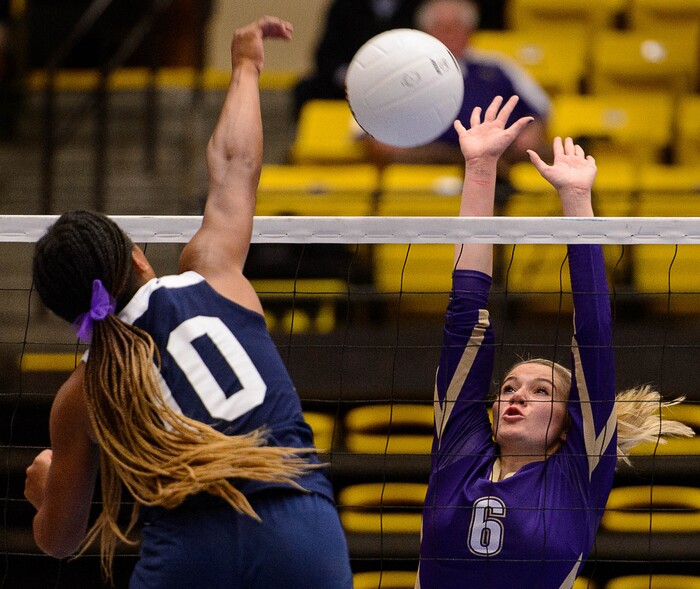 (Trent Nelson | The Salt Lake Tribune) Enterprise's Jaslyn Gardner hits the ball toward North Summit's Hannah Lamon as Enterprise faces North Summit in the 2A State Volleyball Championship game in Orem, Saturday October 28, 2017.