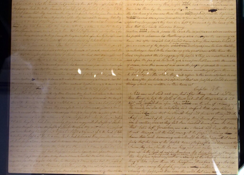 (Rick Bowmer  |  The Associated Press)  A page from the original printer's manuscript of The Book of Mormon is displayed at the Church History Library in Salt Lake City on Sept. 21, 2017.