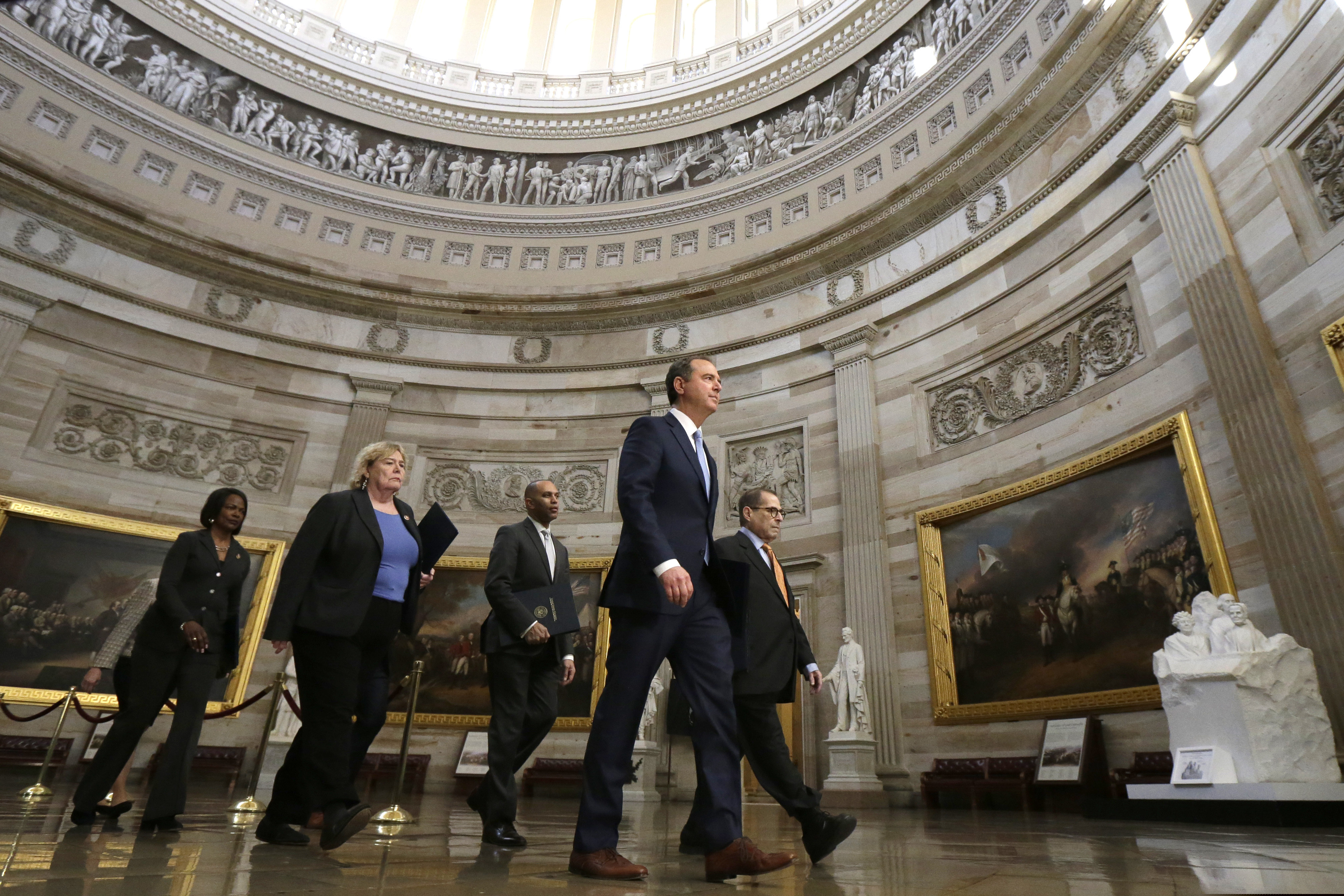 (Julio Cortez | AP) From left, Rep. Val Demings, D-Fla.; Rep. Rep. Zoe Lofgren, D-Calif.; Rep. Hakeem Jeffries, D-N.Y.; House Intelligence Committee Chairman Adam Schiff, D-Calif., and House Judiciary Committee Chairman, Rep. Jerrold Nadler, D-N.Y., walk through Capitol Hill in Washington, Thursday, Jan. 16, 2020, to deliver articles of impeachment to the Senate.