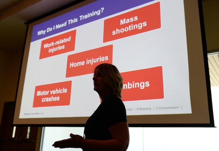 (Francisco Kjolseth | The Salt Lake Tribune) Registered nurse Tina Dewey teaches a free class called 'Stop the Bleed' at Utah Valley Hospital in Provo on Tuesday, June 5, 2018. Dewey teaches the class the first Tuesday of the month as a way to help people learn basic actions to stop life threatening bleeding following everyday emergencies, mass shootings or natural disasters.