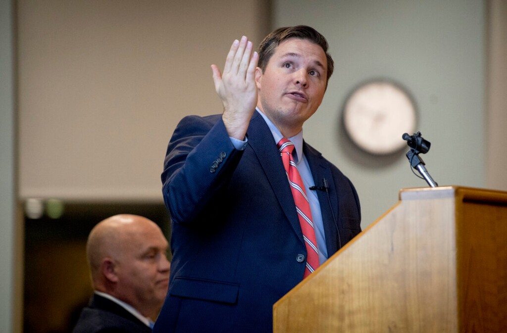 (Isaac Hale, Daily Herald) Josh Daniels, Utah County deputy clerk/auditor, speaks during a town hall meeting concerning the 2020 budget and the proposed tax increase held Wednesday, Nov. 6, 2019, at the Utah County Health and Justice Building in Provo.