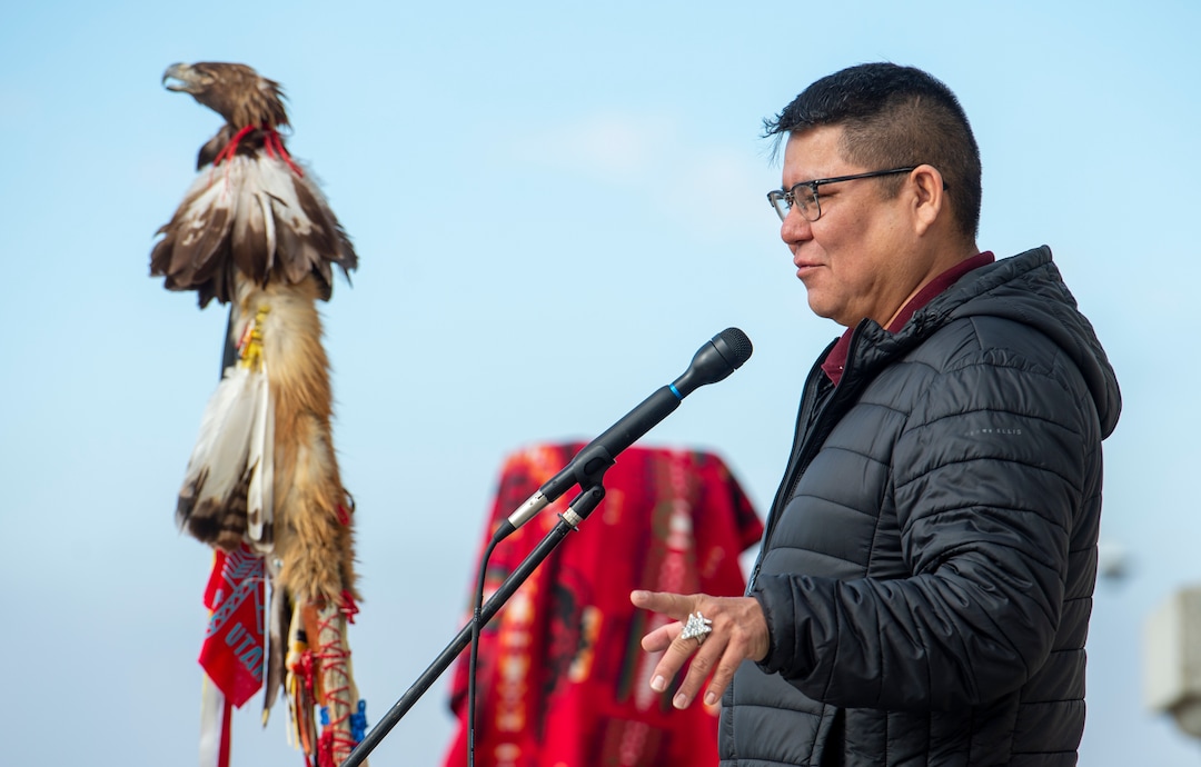 (Rick Egan  |  The Salt Lake Tribune)     Navajo Nation Council Delegate Nate Brown gives a speech as Native Americans and their supporters gather on the steps of the Utah State Capitol for a rally to oppose a resolution that would discourage the removal of Native American names or symbols from school mascots, Saturday, Jan. 25, 2020.