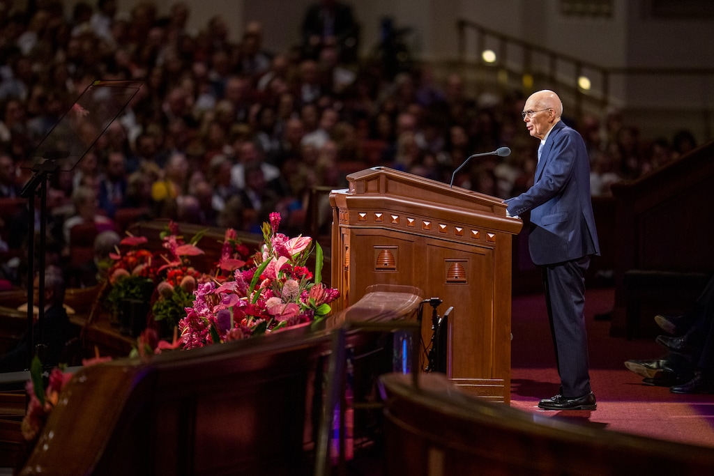(Trent Nelson  |  The Salt Lake Tribune) Dallin H. Oaks speaks during a session of General Conference at the Conference Center in Salt Lake City, Sunday, Oct. 5, 2025. Oaks and his First Presidency counselors have decided to discontinue the Saturday evening sessions of the twice-year conferences.