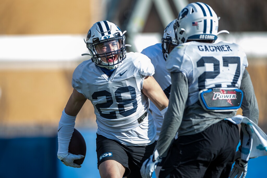 (Tyler Richardson | BYU) | BYU) Defensive back Hayden Livingston (28) participates in BYU spring football practice, Thursday, March 18, 2021.