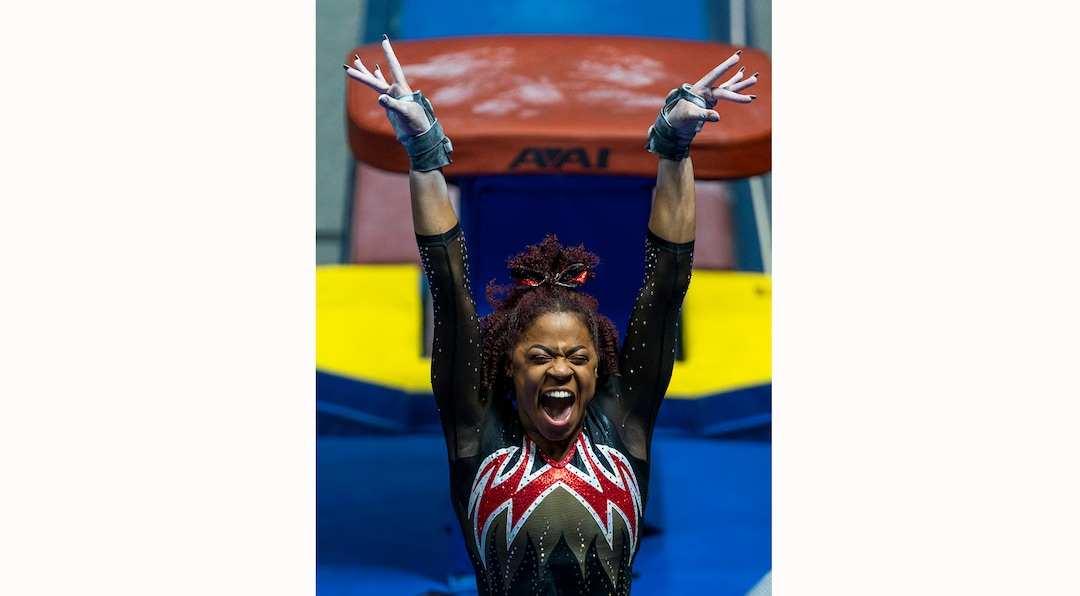 (Rick Egan | The Salt Lake Tribune)   Cammy Hall competes on the vault, in PAC-12 gymnastics action between The University of Washington and The University of Utah at Jon M. Huntsman Center in Salt Lake City, on Saturday, Jan. 30, 2021.