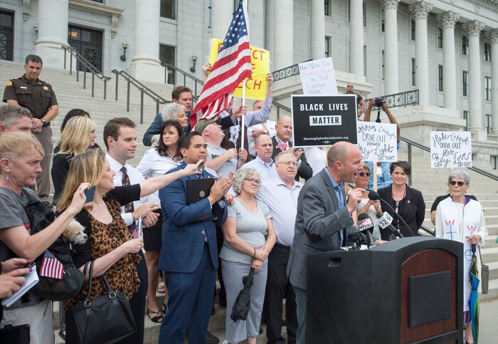 (Rick Egan  |  The Salt Lake Tribune) Mia  Lt. Governor Spencer Cox speaks at the "One Utah" Rally for Unity at the State Capitol, Monday, August 14, 2017.


