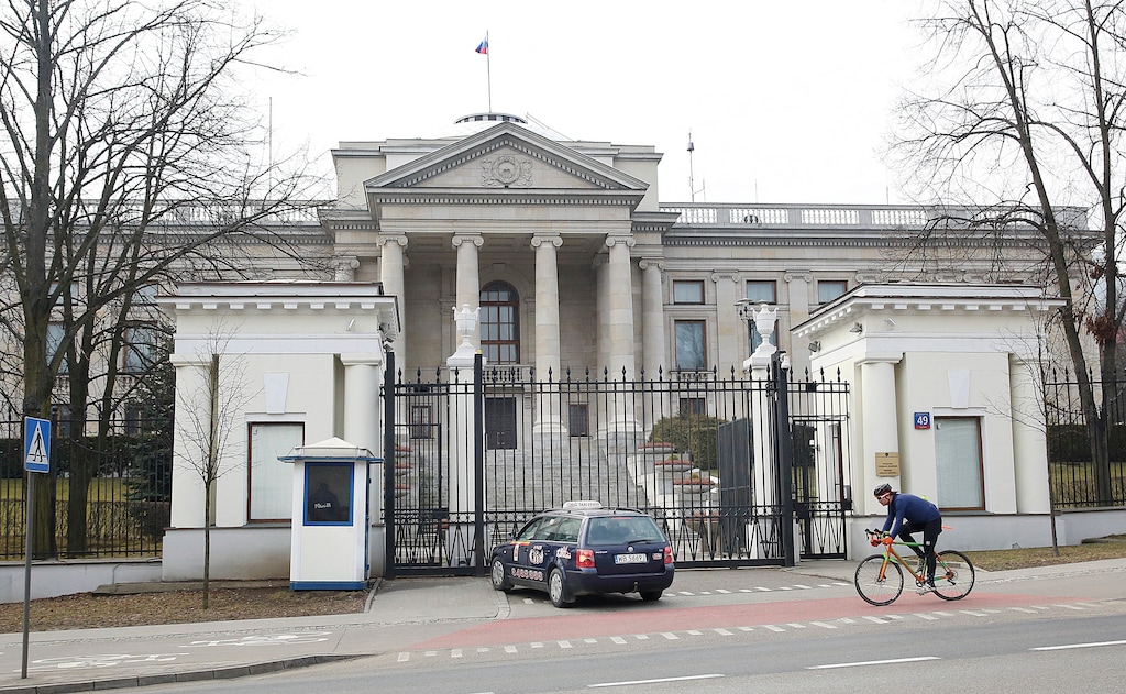 (Czarek Sokolowski | The Associated Press) A taxi in front of the Russian Embassy in Warsaw, Poland, Monday, March 26, 2018.Russia's Ambassador to Poland Sergei Andreev was summoned Monday to Poland's Foreign Ministry and said he will stay in Warsaw in the coming weeks, but "we will see" about other embassy employees.
