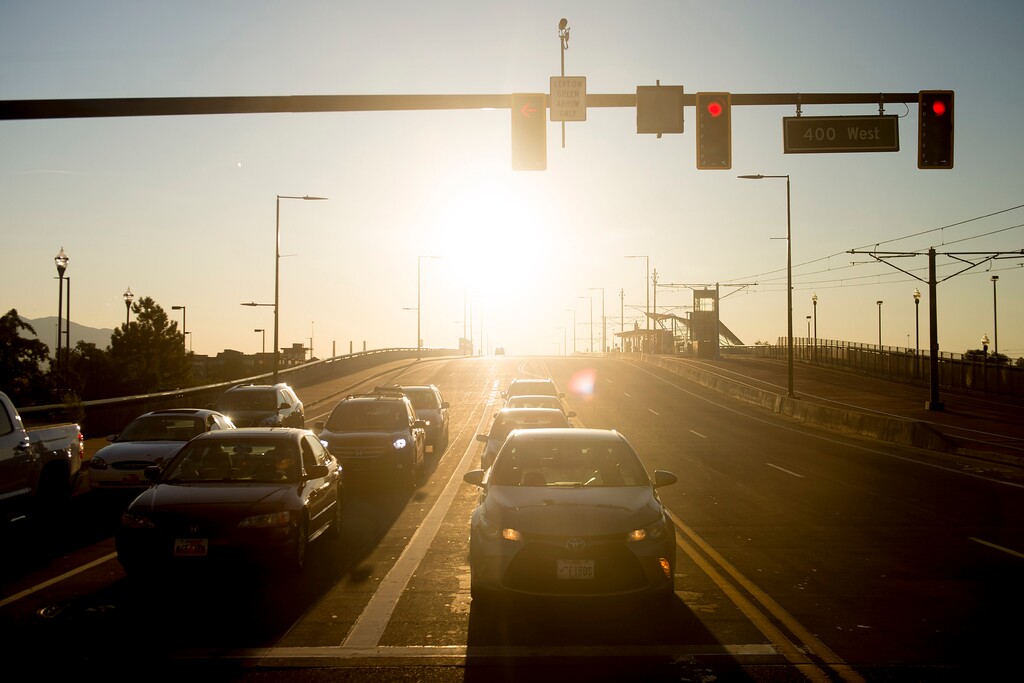 (Jeremy Harmon | Tribune file photo)  Traffic waits at a light on the North Temple viaduct in Salt Lake City on Saturday, Sept. 14, 2019.