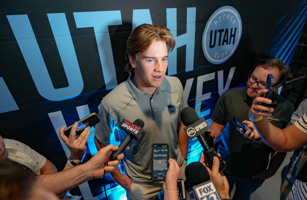 (Francisco Kjolseth | The Salt Lake Tribune) Utah Hockey Club prospect Josh Doan speaks to the media as the Utah Hockey Club hosts their first NHL draft party at the Delta Center on Friday, June 28, 2024.