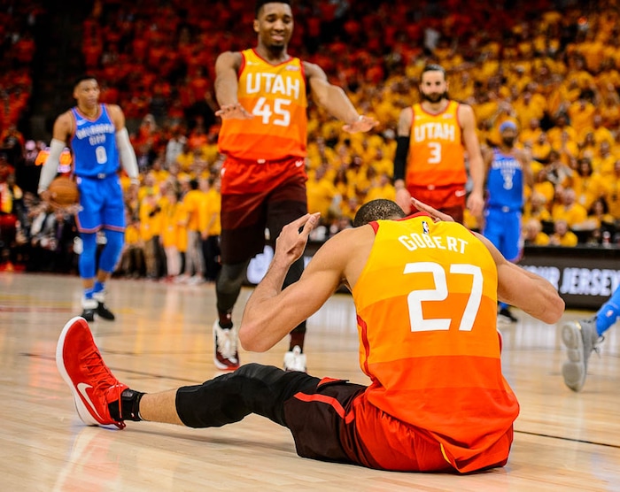 (Trent Nelson | The Salt Lake Tribune)  
Utah Jazz host the Oklahoma City Thunder, Game 3, NBA playoff basketball in Salt Lake City, Saturday April 21, 2018. Utah Jazz center Rudy Gobert (27) reacts to a foul.