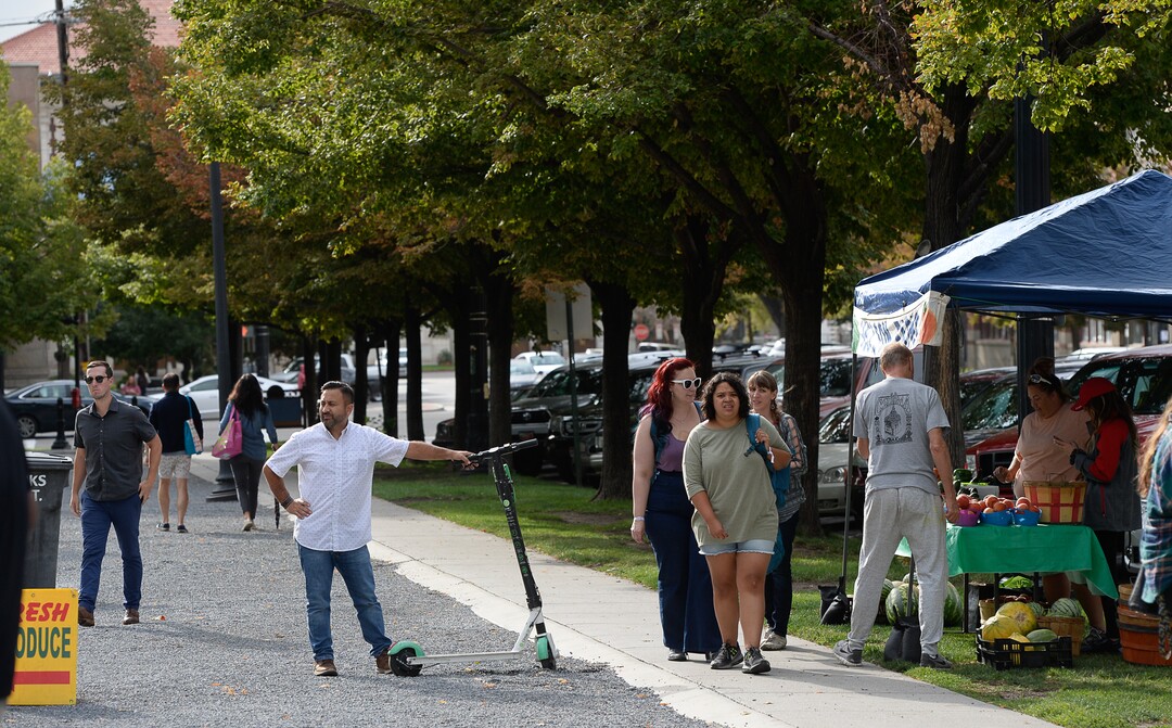 (Francisco Kjolseth  |  The Salt Lake Tribune)  People enjoy the Downtown Tuesday Farmers Market at Pioneer Park as Salt Lake CityÕs Parks and Public Lands Division invites the public to attend a jubilee in celebration of the recently completed improvements at the park on Tuesday, September 10, 2019.