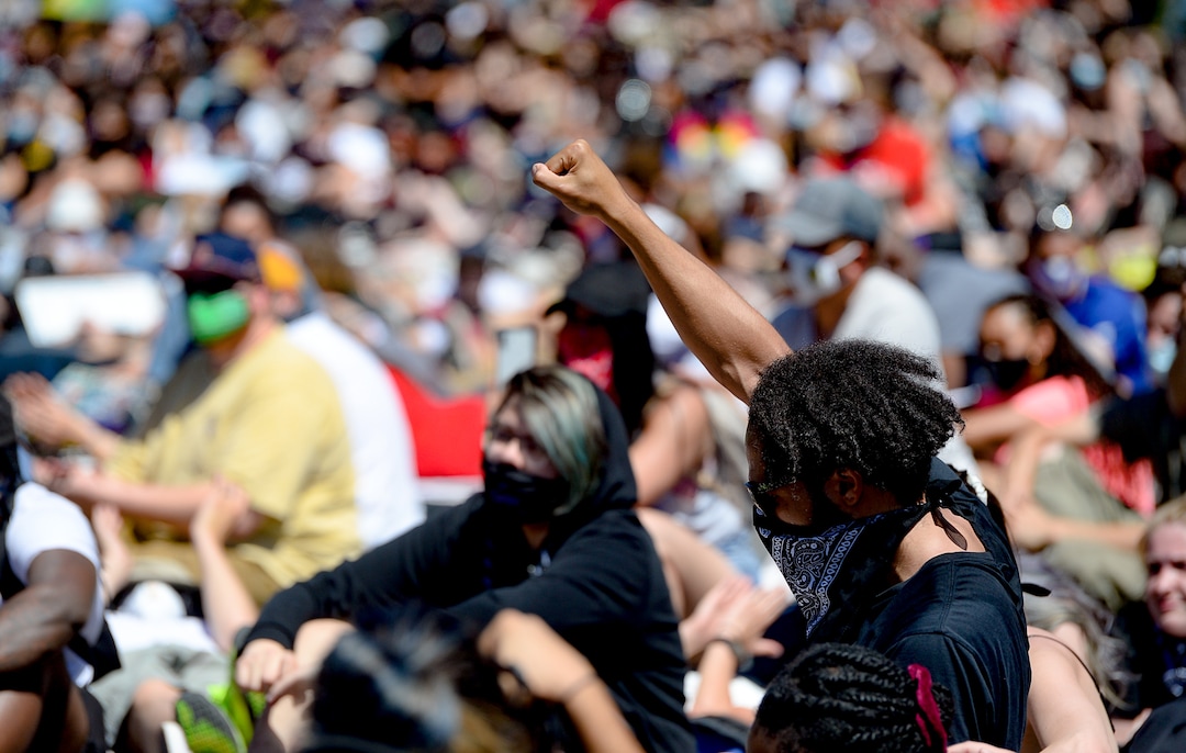 (Francisco Kjolseth  |  The Salt Lake Tribune) Demonstrators march the streets of downtown Salt Lake City for a rally as part of a series of Juneteenth celebrations on Friday, June 19, 2020.