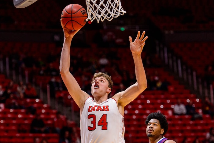 (Trent Nelson | The Salt Lake Tribune)  Utah Utes forward Jayce Johnson (34) shoots as the University of Utah hosts Northwestern State, NCAA basketball in Salt Lake City, Wednesday December 20, 2017.