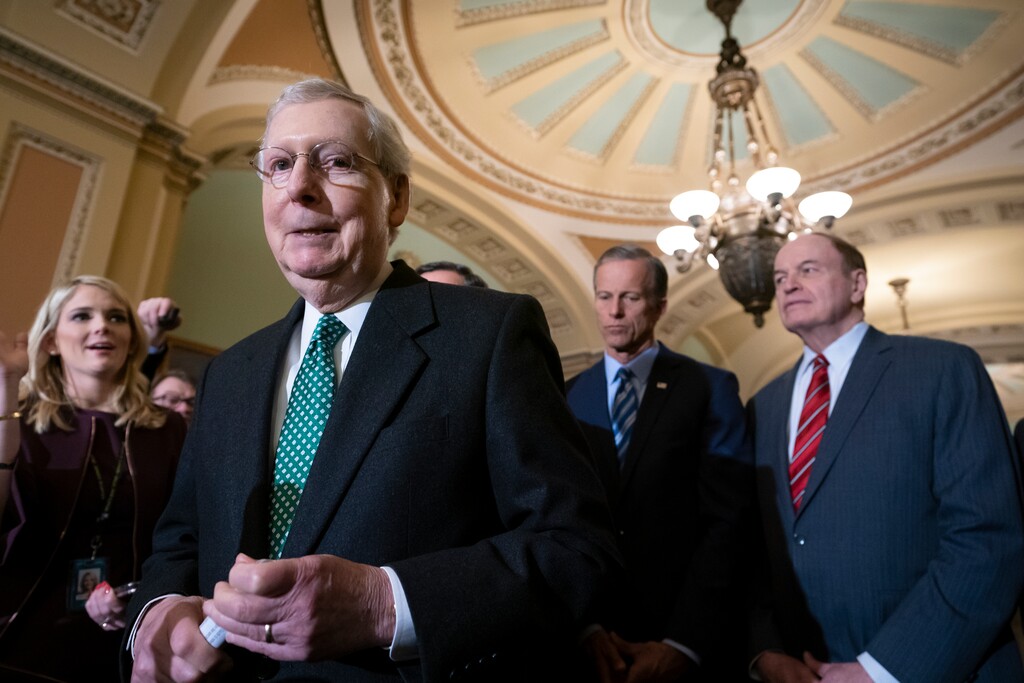 (J. Scott Applewhite | AP Photo) Senate Majority Leader Mitch McConnell, R-Ky., left, joined by Majority Whip John Thune, R-S.D., center, and Sen. Richard Shelby, R-Ala., right, chair of the Senate Appropriations Committee and the top Senate border security negotiator, speaks to reporters about the bipartisan compromise worked out last night to avert another government shutdown, at the Capitol in Washington, Tuesday, Feb. 12, 2019.