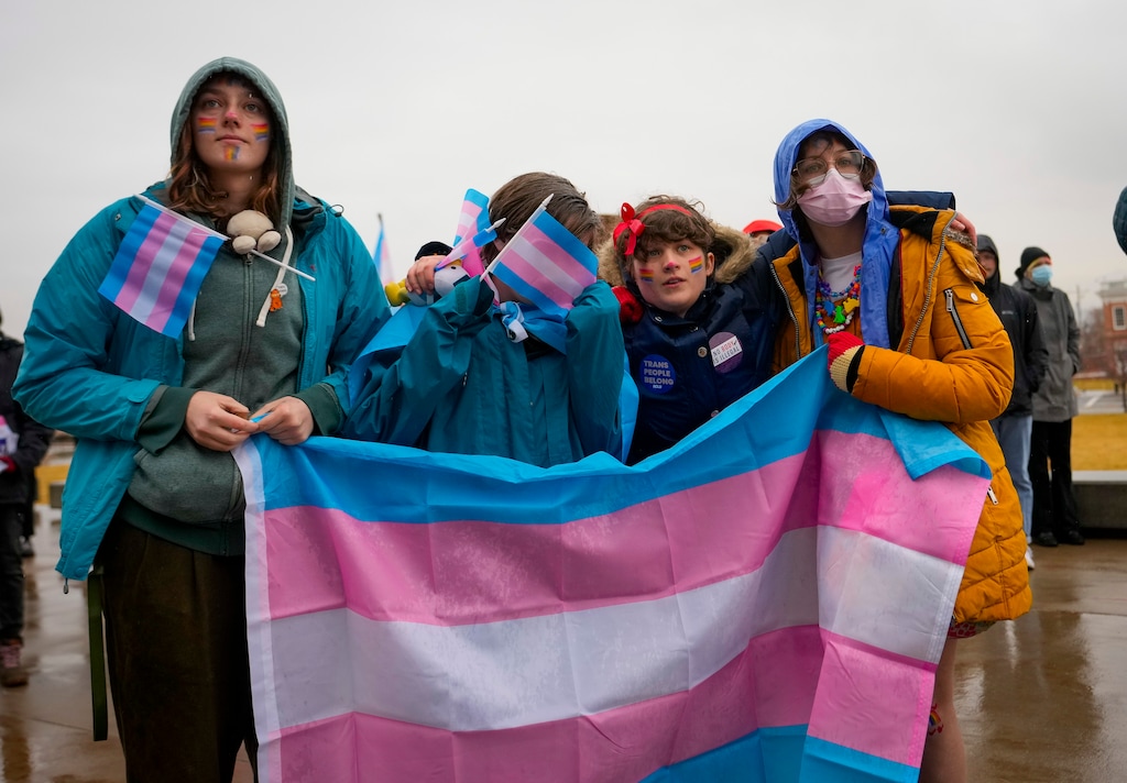 (Bethany Baker | The Salt Lake Tribune) A group of protesters hold a transgender flag during a protest in opposition to HB257 in front of the Utah Capitol during the legislative session in Salt Lake City on Thursday, Jan. 25, 2024. The Legislature passed the bill on Friday afternoon and now wait for the governor's decision.