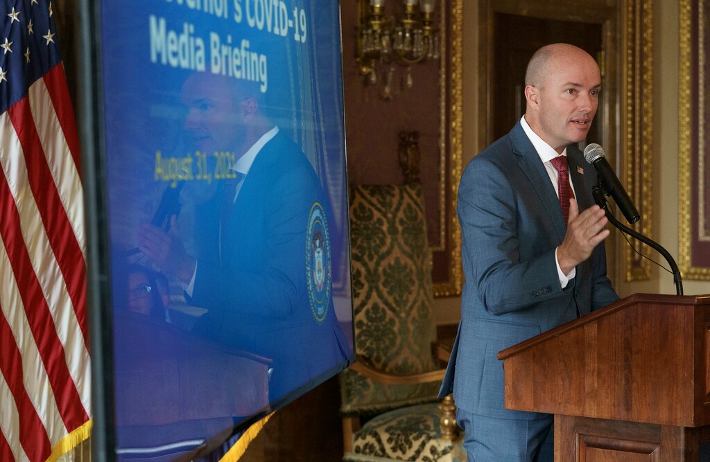 (Leah Hogsten | The Salt Lake Tribune) "There is no way the Legislature is going to approve a mask mandate at this stage," Gov. Spencer J. Cox said on Tuesday, during his administration's update on the ongoing pandemic, Aug. 31, 2021 at the Capitol. Cox spent several hours discussing the COVID situation with Utah lawmakers on Wednesday.