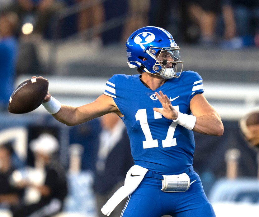 (Rick Egan | The Salt Lake Tribune) Brigham Young Brigham Young Cougars quarterback Jacob Conover (17), warms up before the game between the Brigham Young Cougars and the Baylor Bears, at Lavell Edwards Stadium, on Saturday, Sept. 10, 2022.