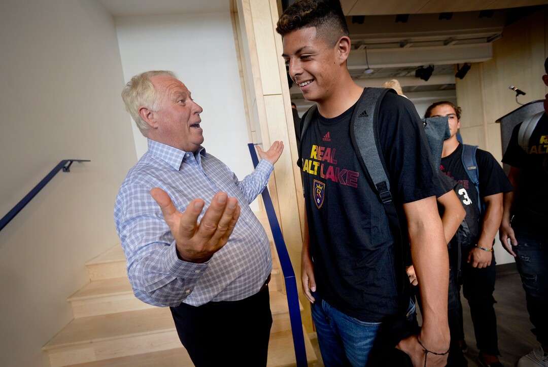 (Scott Sommerdorf   |  The Salt Lake Tribune)   RSL owner Dell Loy Hansen greeted students at the end of the assembly where he addressed the students in the new Academy's opening week., Thursday, August 23, 2017. 