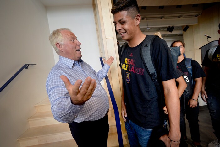 (Scott Sommerdorf | The Salt Lake Tribune)
RSL owner Dell Loy Hansen greeted students at the end of the assembly where he addressed the students in the new Academy's opening week., Thursday, August 23, 2017.