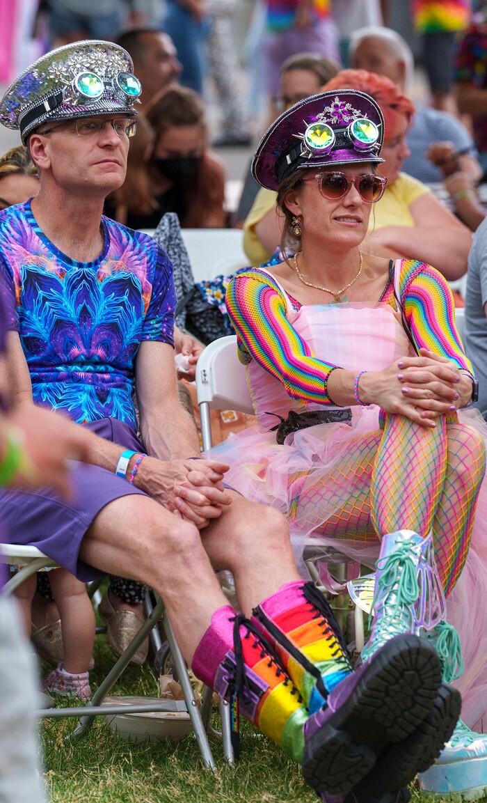 (Leah Hogsten | The Salt Lake Tribune) Joel Grasmeyer and Lexandra enjoy the Utah Pride Festival at Washington Square, Saturday, June 4, 2022. 