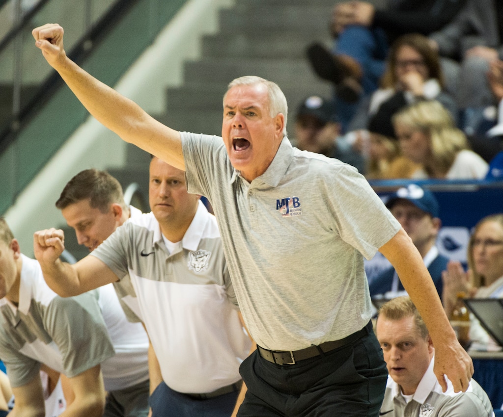 (Rick Egan  |  The Salt Lake Tribune)   Brigham Young Cougars head coach Dave Rose shouts instructions to his players, in basketball action between Brigham Young Cougars and Rice Owls, at the Marriott Center in Provo, Wednesday, Nov. 21, 2018.
