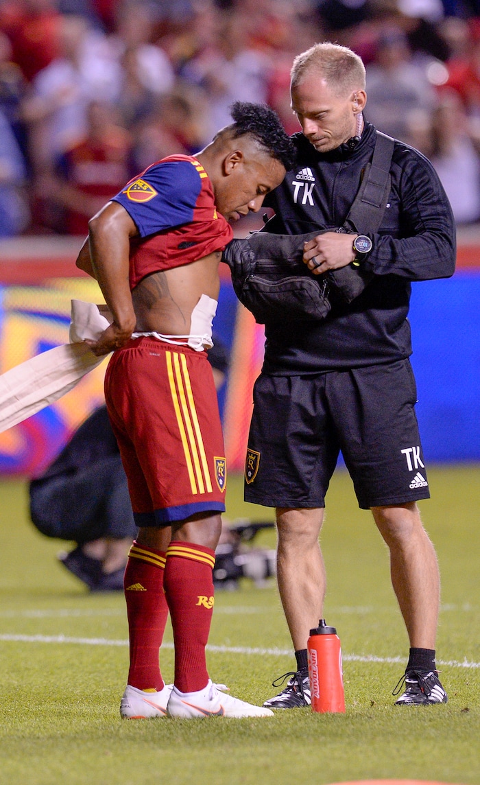 Leah Hogsten | The Salt Lake Tribune Real Salt Lake forward Joao Plata (10) played over 20 minutes despite injury as Real Salt Lake hosts the San Jose Earthquakes at Rio Tinto Stadium in Sandy, Utah, Saturday, June 23, 2018.