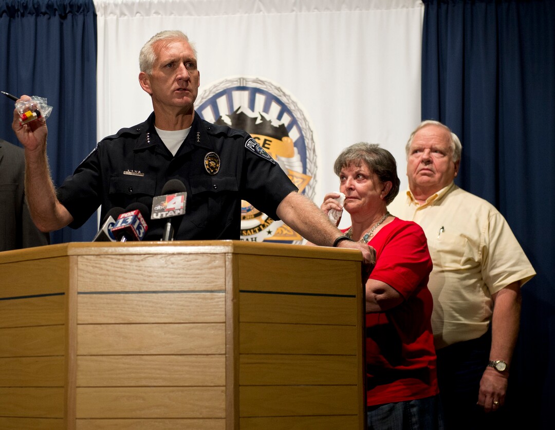 Lennie Mahler  |  The Salt Lake TribuneSalt Lake County Sheriff Jim Winder speaks to the press as siblings Shirley England and Jerold Johnson, right, listen. Unified police believe they solved the 1991 cold-case murder of Lucille Johnson. Thursday, Aug. 28, 2014.