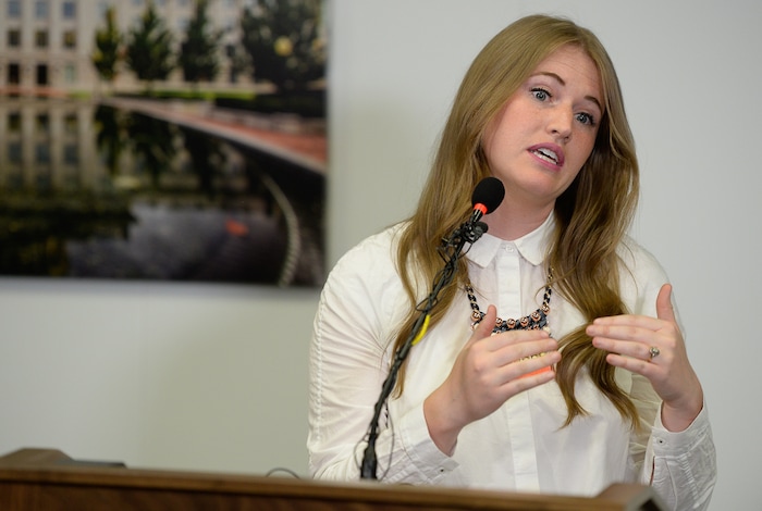 (Francisco Kjolseth | The Salt Lake Tribune) Lauren DeVries, Department of Public Safety sexual assault victim advocate discusses the progress being made in the processing of rape kits during a press event in Taylorsville on Wed. June 6, 2018. A new tracking system provides sexual assault survivors with the ability to anonymously track the location and status of their Sexual Assault Kit from point of collection through forensic analysis. The tracking system provides real-time information to sexual assault survivors regardless of when and where their sexual assault kit was collected in the state of Utah.