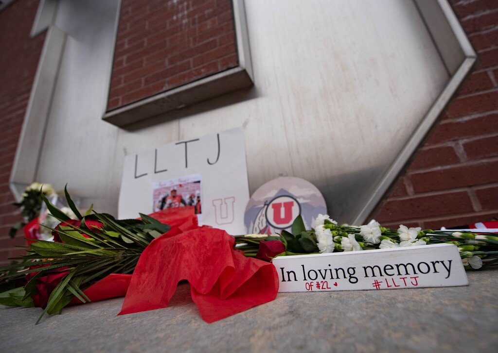 (Francisco Kjolseth | The Salt Lake Tribune) A small memorial in honor of Utah running back Ty Jordan, who died in a reported accidental gunshot wound on Christmas night, takes shape outside the Spence and Cleone Eccles Football Center on the University of Utah campus on Monday, Dec. 28, 2020.