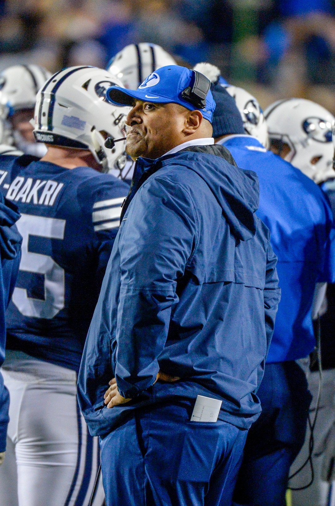 (Leah Hogsten  |  The Salt Lake Tribune) BYU head coach Kalani Sitake during a timeout as Brigham Young University hosts Hawaii at Lavell Edwards Stadium in Provo, Saturday Oct. 13, 2018.