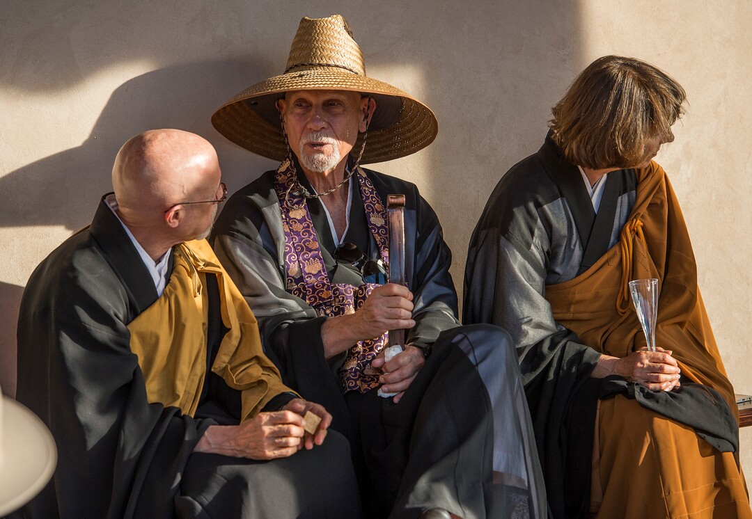 (Leah Hogsten  |  The Salt Lake Tribune) l-r Michael Mugaku Zimmerman Sensei, Genpo Merzel Roshi and Catherine Genno Pages Roshi visit after the dedication and eye opening ceremony at Torrey Zendo Meditation Center, Sept. 13, 2017, in Torrey. The Torrey Zendo, founded by Diane Musho Hamilton Sensei and Michael Mugaku Zimmerman Sensei, located near Capitol Reef National Park, had been seasonal but is now a year-round facility for study, practice and retreats.