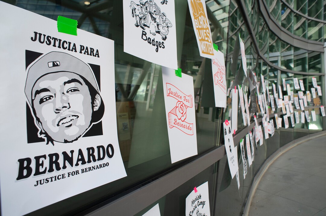 (Rick Egan  |  The Salt Lake Tribune)    Protesters leave the Salt Lake Public Safety Building covered with signs, during a Justice for Bernardo protest on Wednesday, June 24, 2020.