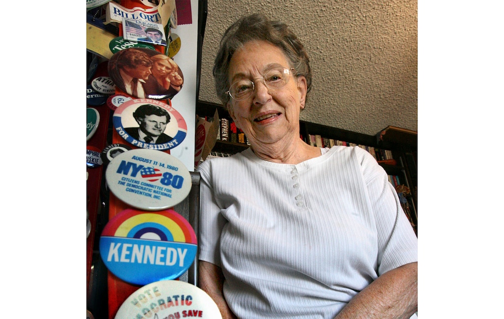 (Scott Sommerdorf | The Salt Lake Tribune) Former state legislator Beverly White poses with some of the buttons she collected in her life as a delegate for the Democratic Party in 2008. White died May 24, 2021, at age 92.