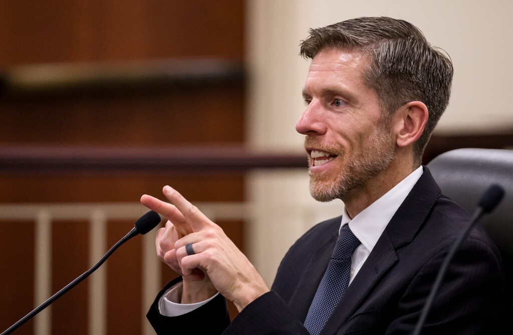 (Trent Nelson  |  The Salt Lake Tribune) John Nielsen answers a question about em dashes during a hearing for his nomination to the Utah Supreme Court at the Utah Capitol in Salt Lake City on Thursday, Oct. 30, 2025.