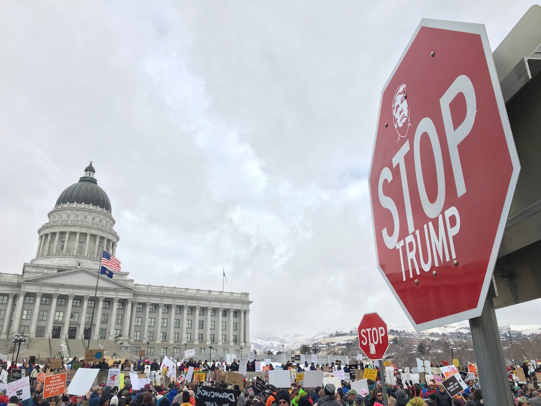 (Rich Kane | The Salt Lake Tribune)  Protesters rally against a visit by President Donald Trump, Monday December 4, 2017.