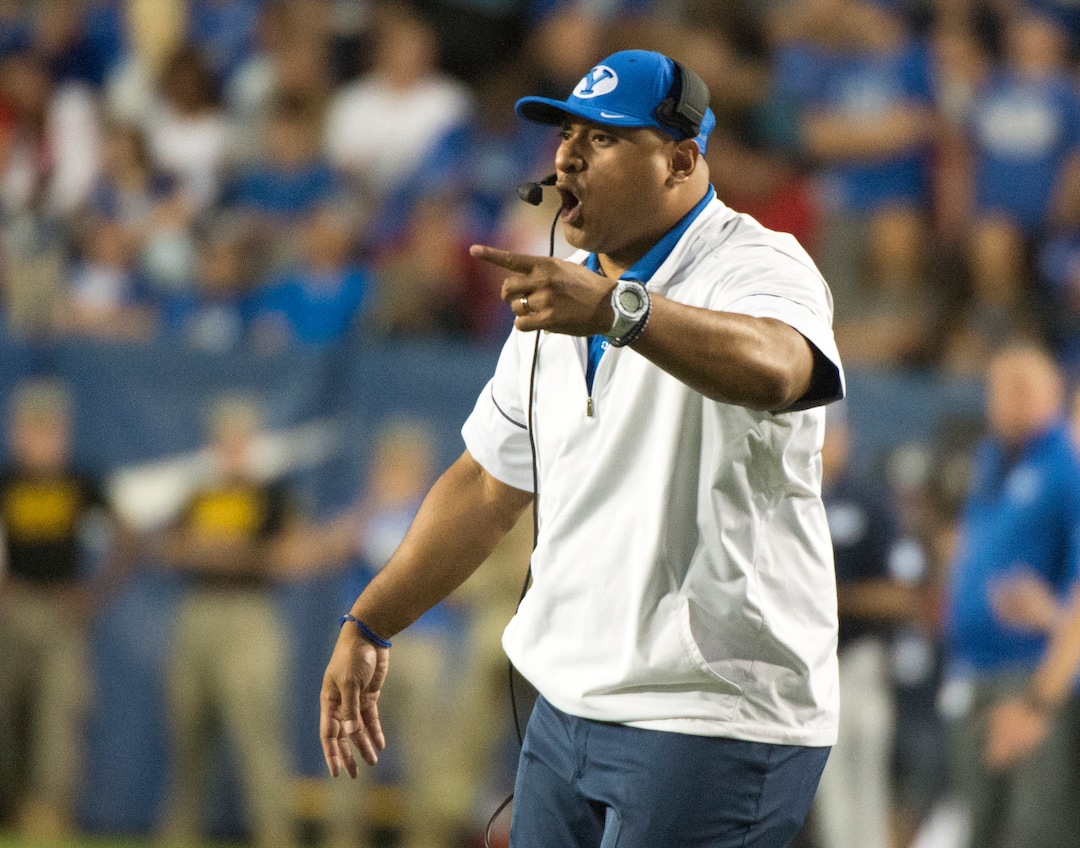 (Rick Egan  |  The Salt Lake Tribune)  Brigham Young Cougars head coach Kalani Satike shouts directions to his team, in football action BYU vs. Utah,  at Lavell Edwards Stadium in Provo, Saturday, September 9, 2017.