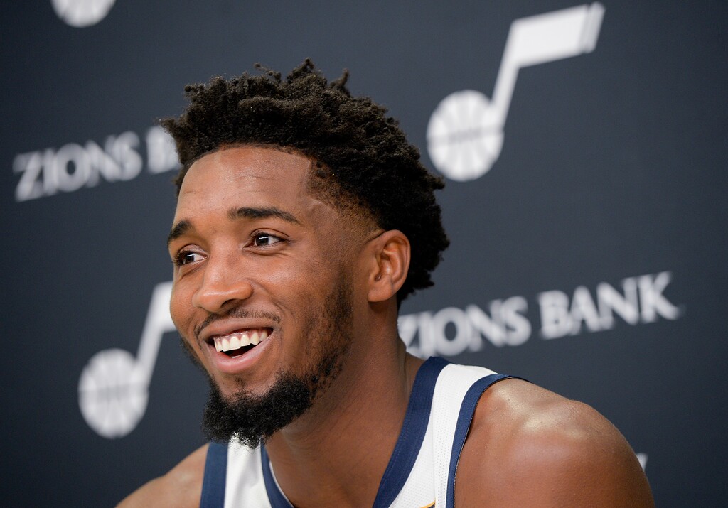 (Chris Samuels | The Salt Lake Tribune) Guard Donovan Mitchell answers questions at Utah Jazz media day at Vivint Arena, Monday, Sept. 27, 2021 in Salt Lake City.