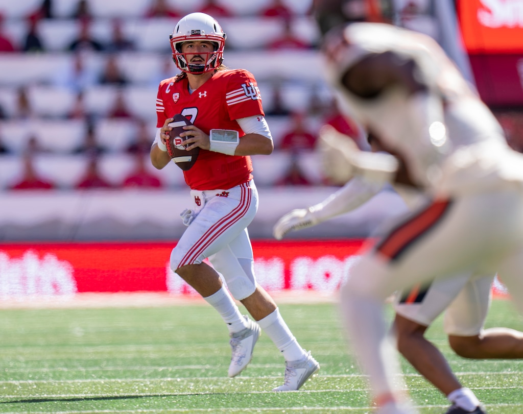 Utah Utes quarterback Cameron Rising (7) looks downfield in, in PAC 12 football action between the Utah Utes and the Oregon State Beavers, at Rice-Eccles Stadium in Salt Lake City, on Saturday, Oct. 1, 2022.