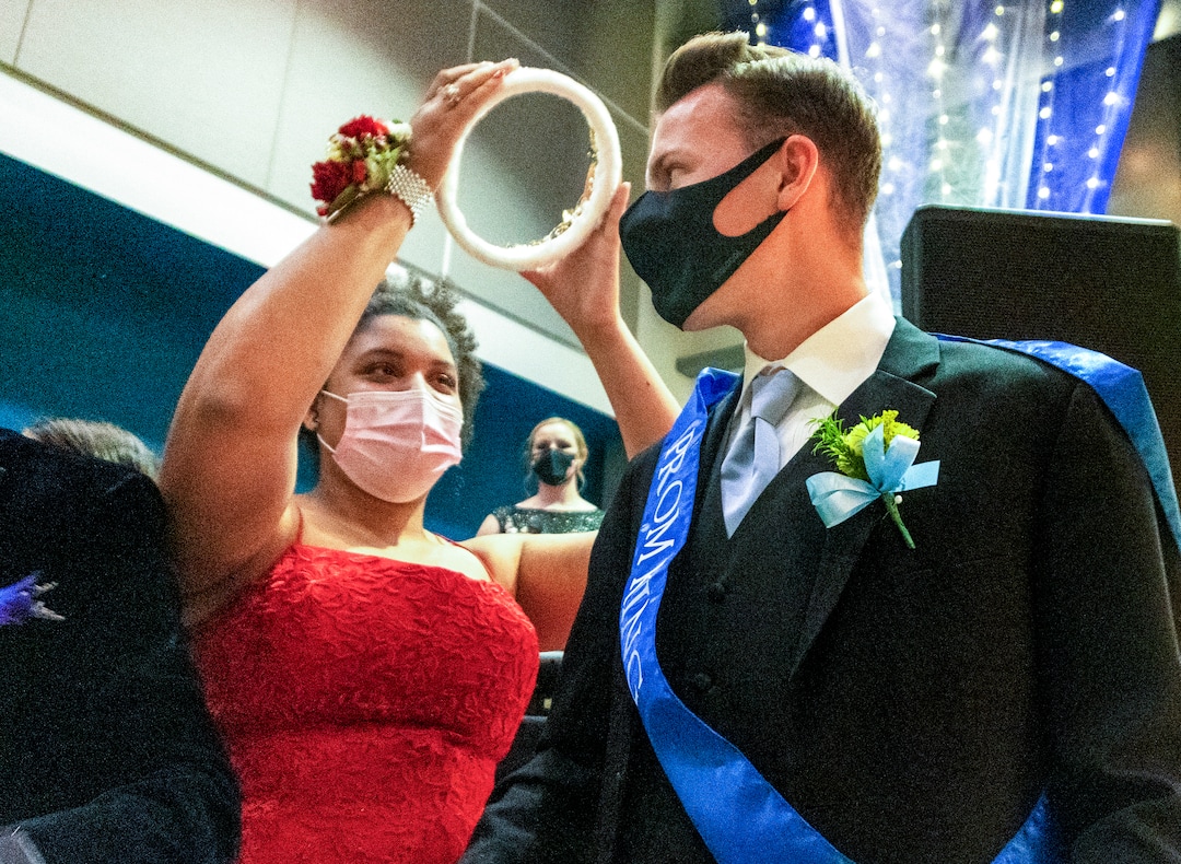 (Rick Egan | The Salt Lake Tribune)Tyaira Mackay crowns the Prom King, at the Cyprus High school Prom, at the Viridian Event Center, on Saturday, April 24, 2021.