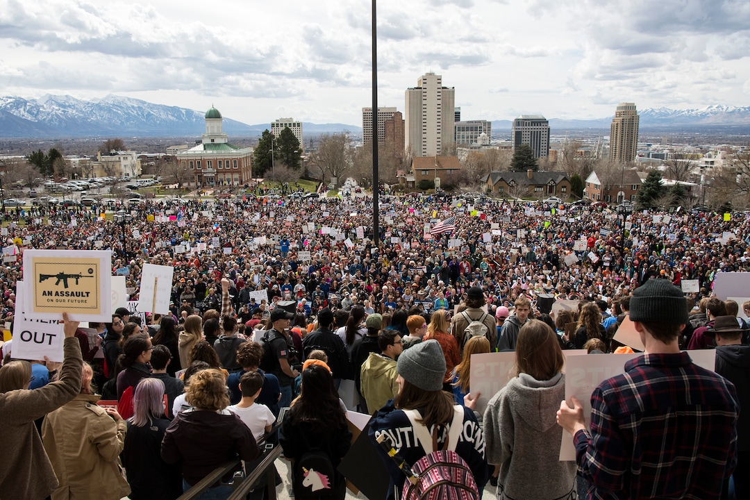 (Chris Detrick  |  The Salt Lake Tribune)  Participants listen during the March for Our Lives SLC rally at the state Capitol Saturday, March 24, 2018. The student-led March for Our Lives SLC got underway about 11:30 a.m. with what police estimated were 8,000 participants walking from Salt Lake CityÕs West High School to the front steps of the state Capitol.