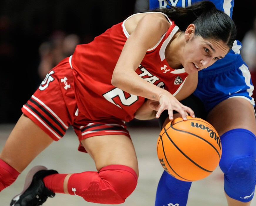 (Francisco Kjolseth | The Salt Lake Tribune) Utah Utes guard Ines Vieira (2) pushes her way down the court as Utah hosts BYU in NCAA basketball at the Huntsman Center in Salt Lake City on Saturday, Dec. 2, 2023.