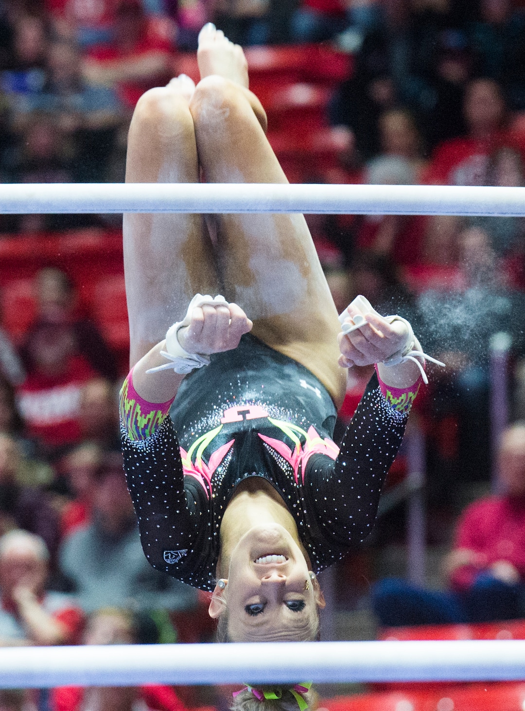 (Rick Egan  |  The Salt Lake Tribune)   MaKenna Merrell-Giles competes on the bars for Utah, in Gymnastics action Utah vs. Oregon State at the Jon M. Huntsman Center, Friday, January 19, 2018.