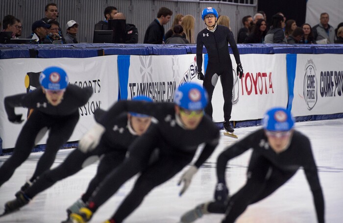 (Scott Sommerdorf   |  The Salt Lake Tribune)   
J.R. Celski looks at the other racers after he fell in a 1000 heat during day 3 of the U.S. short-track Olympic Team Trials at the Utah Olympic Oval, Sunday, December 17, 2017.  
