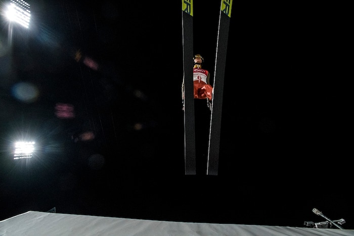 (Chris Detrick  |  The Salt Lake Tribune)  USA's Abby Ringquist competes in the Ladies' Normal Hill Individual at the Alpensia Ski Jumping during the Pyeongchang 2018 Winter Olympics Monday, February 12, 2018.  Ringquist finished in 29th place with a total of 144.4.
